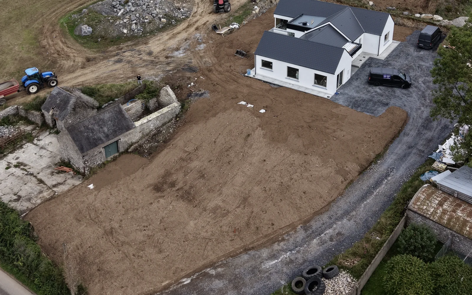 Aerial view of groundworks and excavations around a new home in Co. Carlow, Ireland
